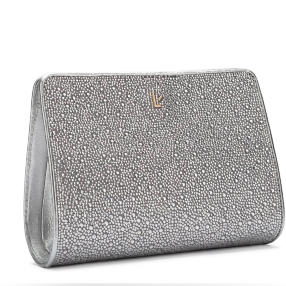 LARROUDÉ “Erin” Crystal Silver Light Gray Vegan Suede Clutch Bag